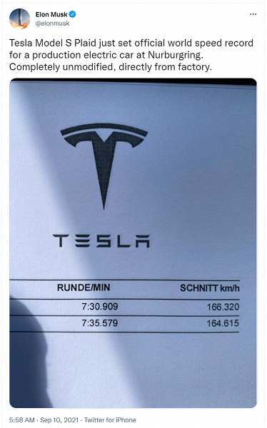 Tesla Model S Plaid официально признан самым быстрым серийным электромобилем на треке Нюрбургринга